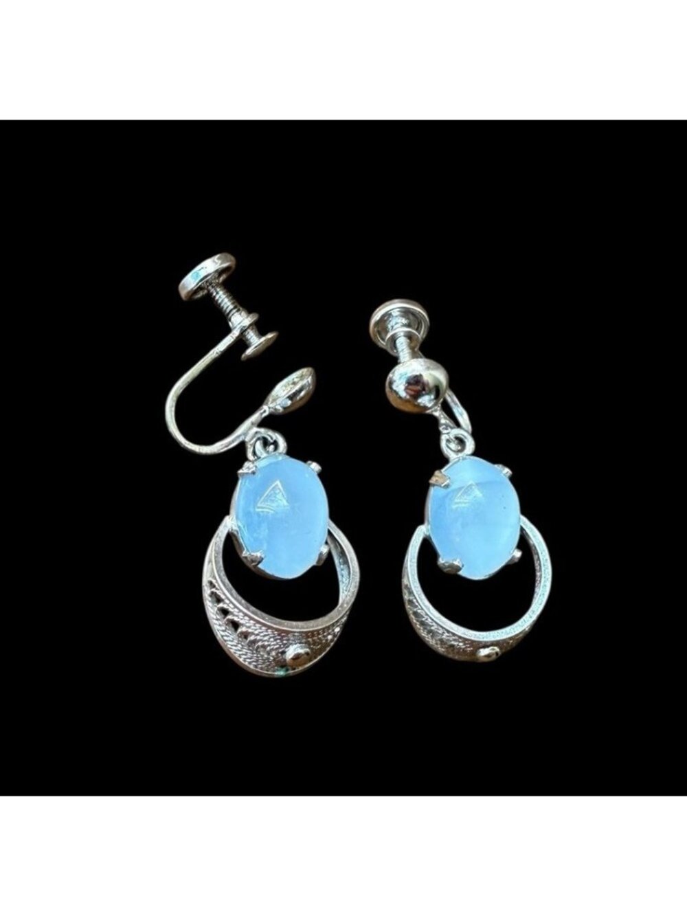Vintage Sorrento Sterling Silver Dangle Earrings Blue Cats Eye Cab Screw Back